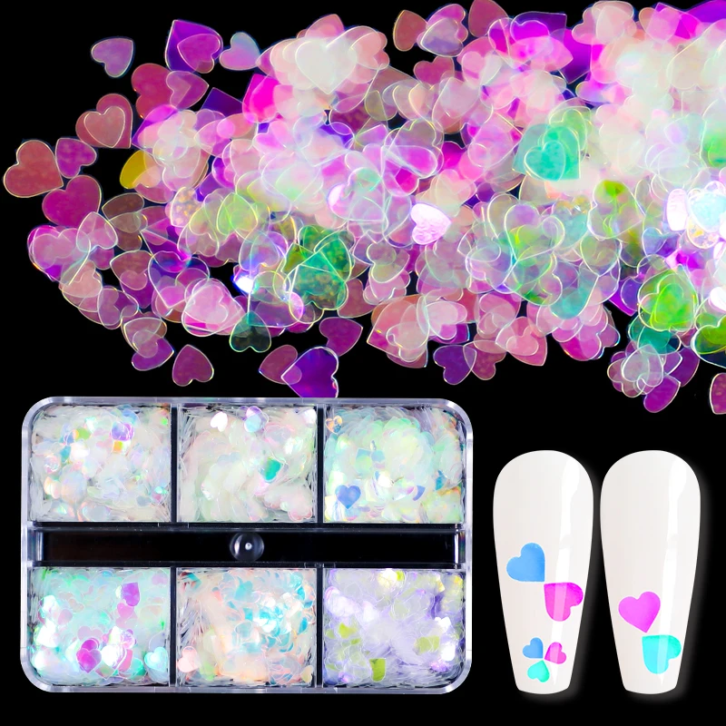 6 Grids Mermaid Love Heart Nail Sequins AB Butterfly Glitter Flakes Art Decoration Supplies DIY Professionals Accessories |