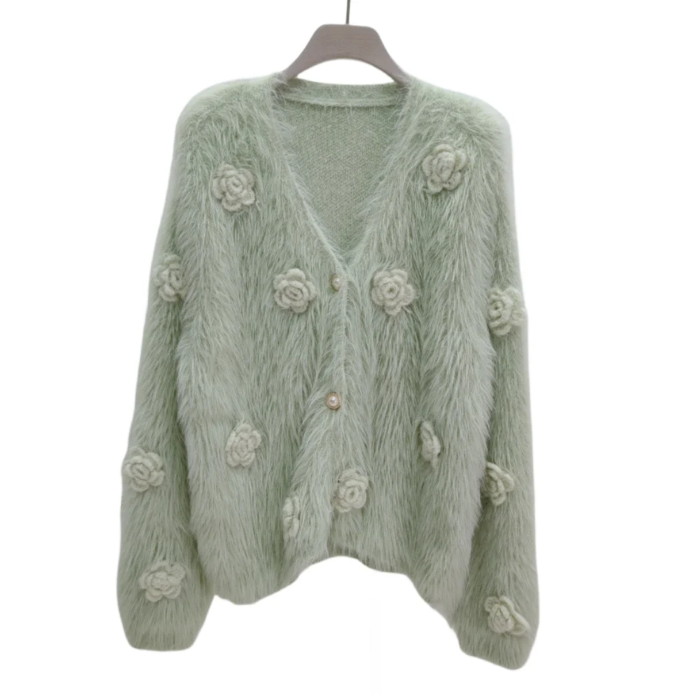 

GTGYFF Winter Faux Mink Fur Cardigans For Women Three-Dimensional Decorative Knitted Women's Slim V-Neck Tops Sweater Jacket