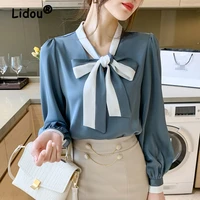 korean bow black and white contrast color professional ol blouse womens long sleeved 2022 spring autumn design chiffon shirt