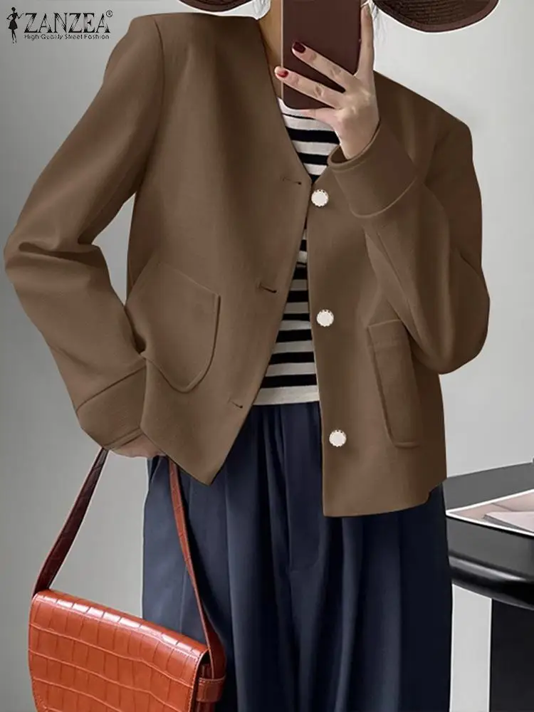

Модные женские осенние стильные однотонные пальто ZANZEA 2023 повседневные офисные костюмы куртки Свободная тонкая верхняя одежда блейзер с V-образным вырезом и длинным рукавом