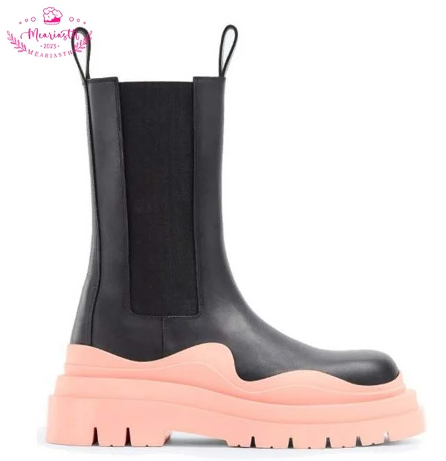 

Женские ботинки челси, черные ботинки средней длины на платформе, с круглым носком, без застежки, большие размеры до 45, кожаная модная обувь, 2023