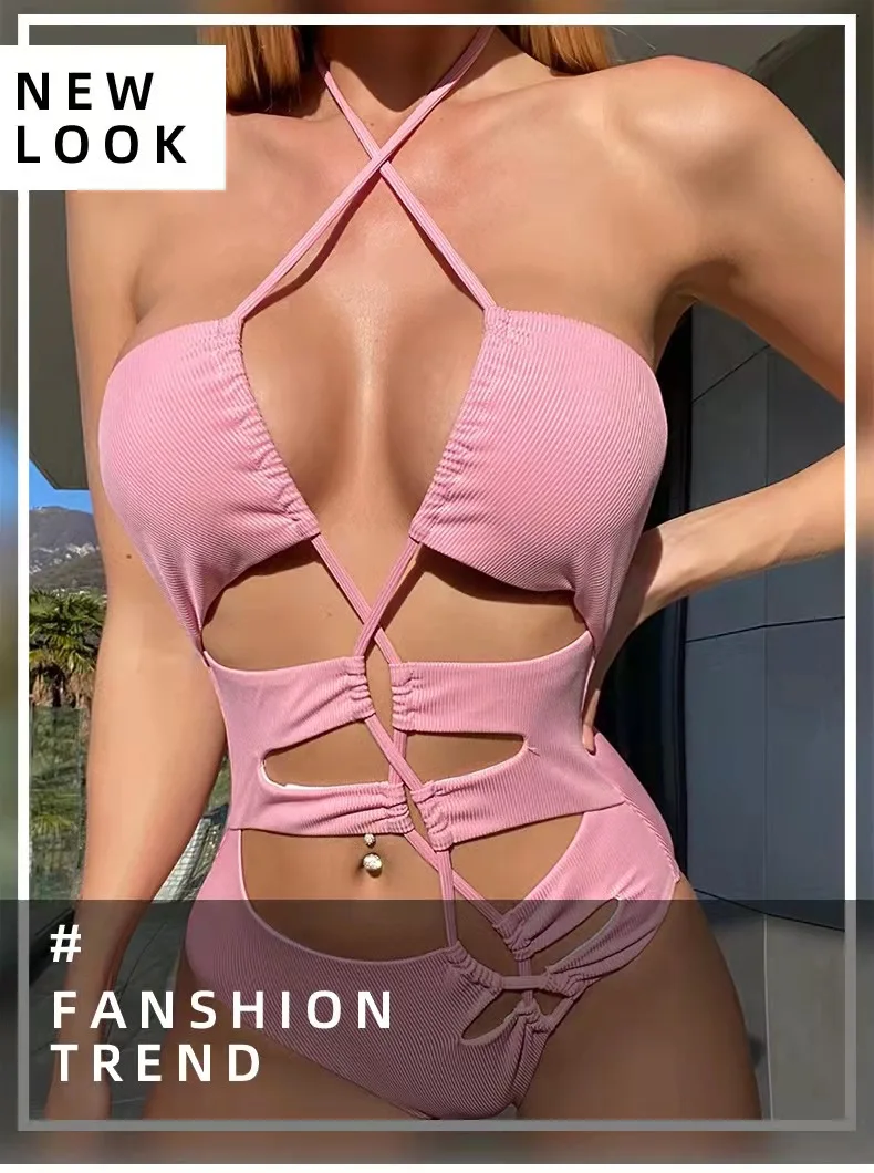 

2022 European and American women's ok pink strappy slim sexy bikini2714