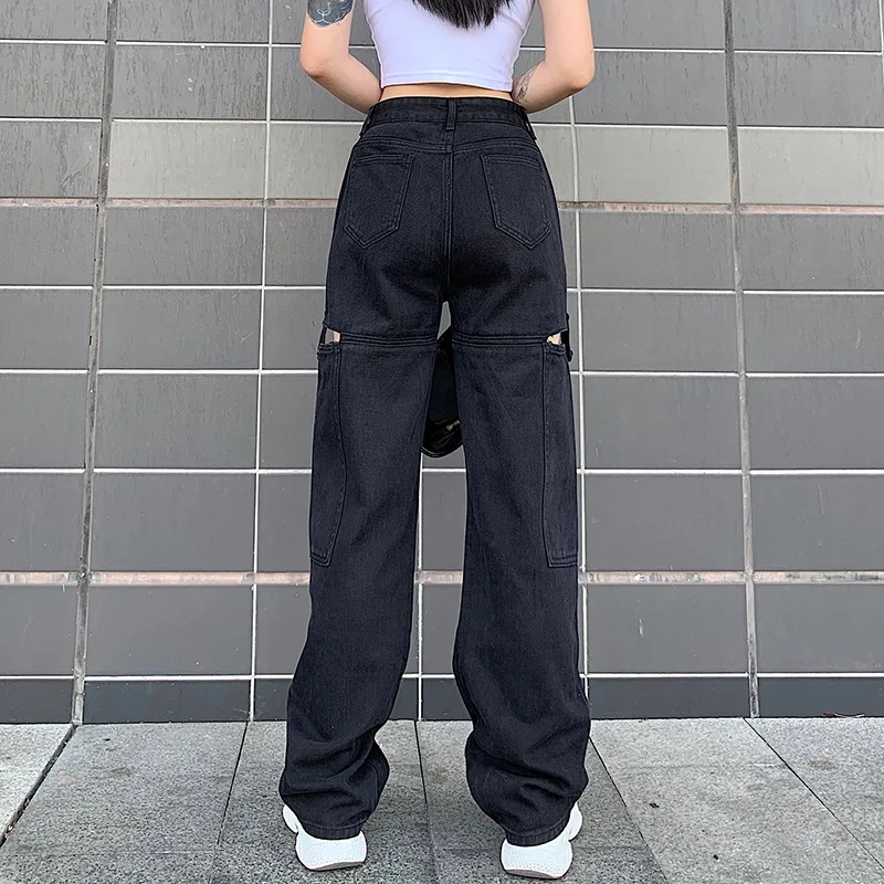 Women High Waist Mom Wide Leg Jeans 2021 Loose Ripped Straight Trouser oversized Vintage Boyfriend Hollow Out Denim Pants Street