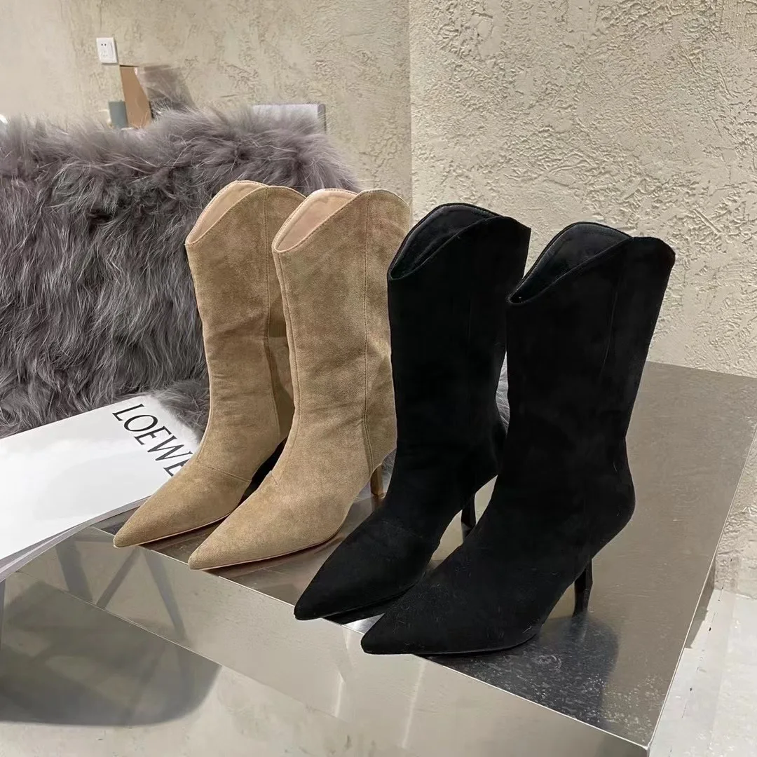 

Fashion Women Mid Calf Boots Black/Beige Flock Slip On Thin High Heels Pointed Toe Chelsea Botas Winter Autumn Fashion Boots