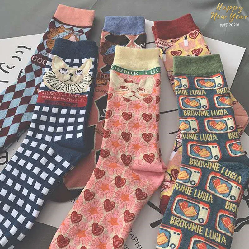 

3/6 Pairs of Male and Female Personality Socks Retro College Wind Long Socks Autumn and Winter Thick Warm Tide