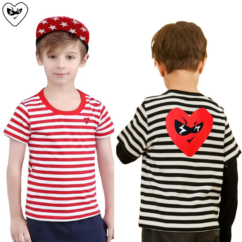 

Break Egg Kid Striped T-shirt Cotton Cartoon Heart Embroidery Print Short-sleeved O-neck Straight Summer Boy Girl Casual T-shirt