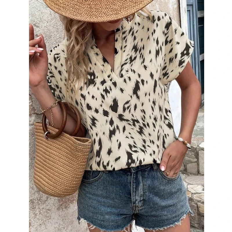 

Женская винтажная рубашка с леопардовым принтом, модная свободная Дамская Блузка с V-образным вырезом, топы с коротким рукавом, Офисная повседневная одежда, Blusas Mujer 25584