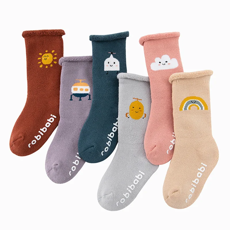 3 Pairs/Lot 0-2T Baby Socks Autumn Winter Cotton Thickened Terry Anti-slip Towel Socks Cute Cartoon Knee High Socks for Newborns