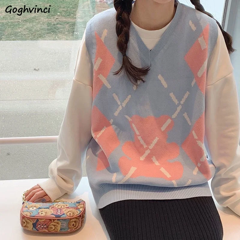 

Sweet Girl Sweater Vest Women Argyle Sleeveless V-neck Jumpers Student Preppy Style Baggy Ulzzang Casual Knitwear Cute All-match