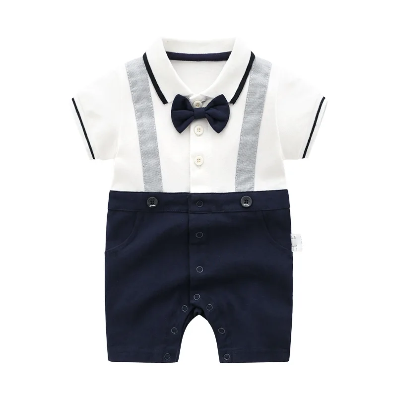 

Children's clothing new 2022 summer baby clothes year old baby gentleman bow tie short-sleeved cotton jumpsuit romper