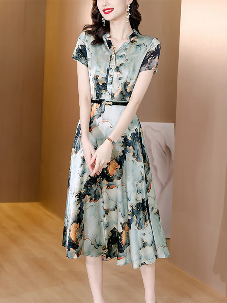 

Light Dress Women Casual Summer Korean Dress Dress Party Fasshion Luxury Midi Sleeve Elegant Satin Acetate 2023 Boho Print Short