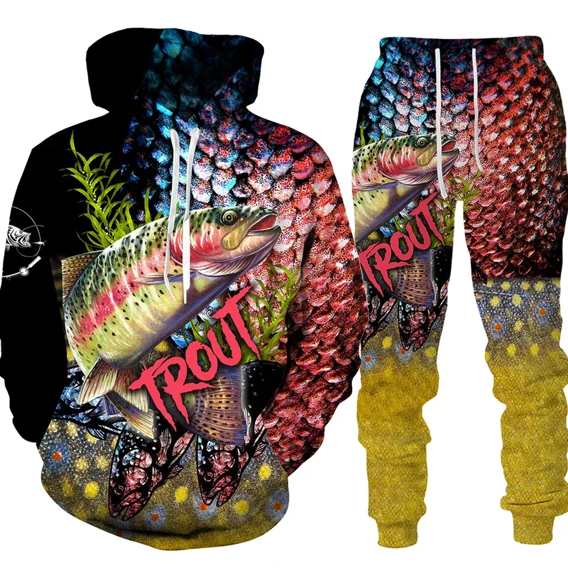 Спортивный костюм мужской четырехсезонный с 3D-принтом худи и брюки для карпа