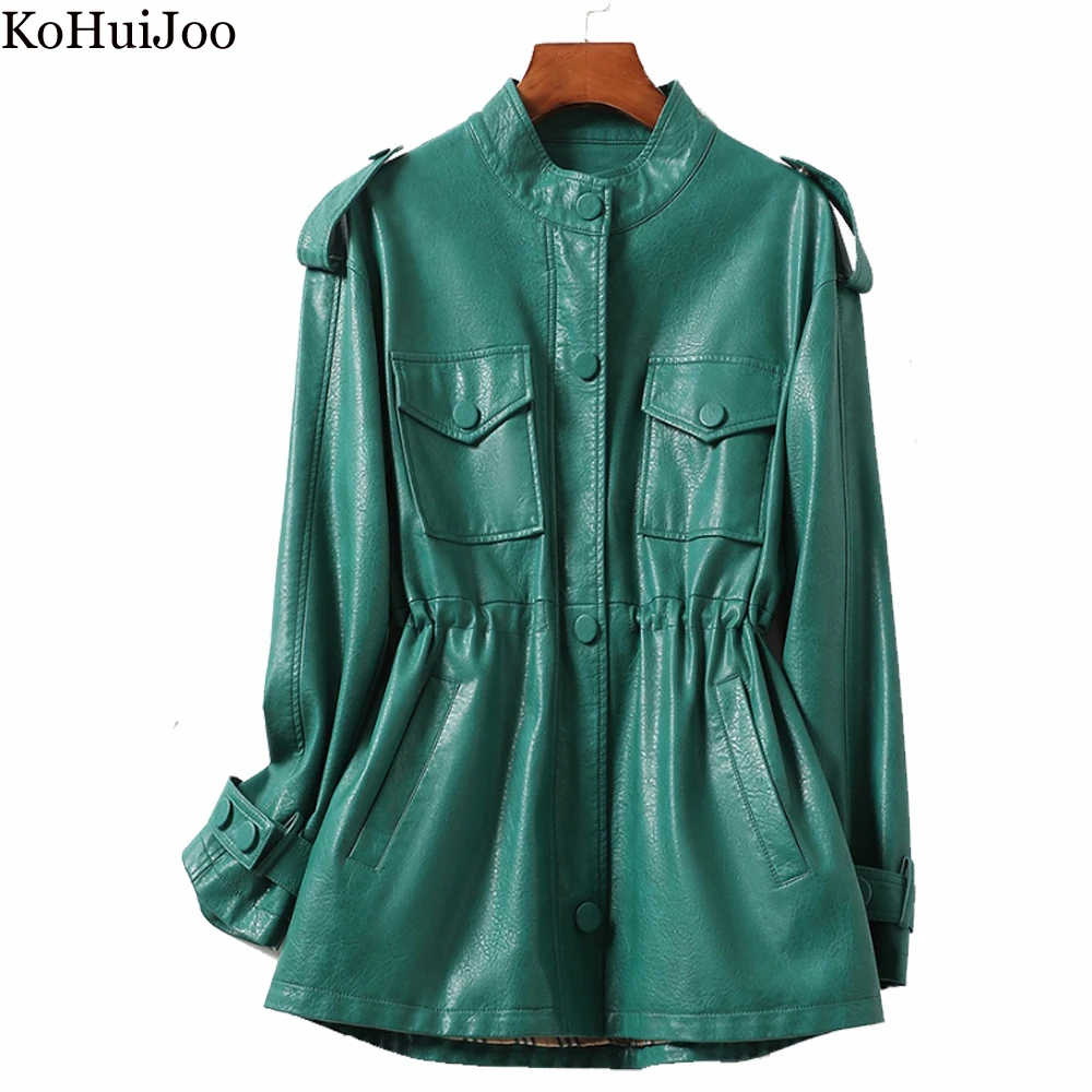 KoHuiJoo Leather Jacket Women 2022 Spring Autumn Fashion Plus Size Stand Collar Slim Leather Oversize PU Jacket Buttons M-4X