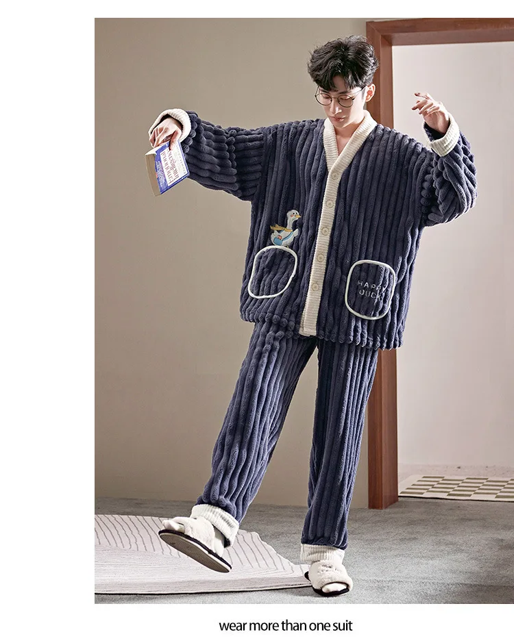Yasuk Winter Fashion Women's Men Casual Warm Soft Sleepwear Pajamas With Pants Velvet Fleecel Duck Couple Unisex Pocket Coat