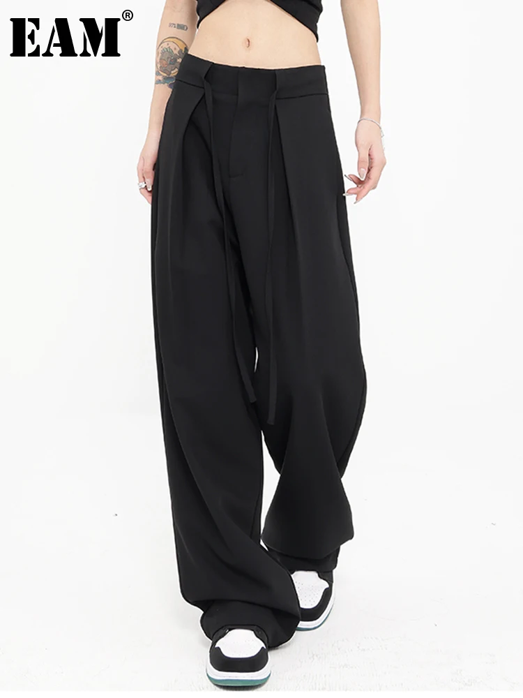 [EAM] High Waist Black Drawstring Pleated Long Wide Leg Pants New Loose Fit Trousers Women Fashion Spring Autumn 2023 1DF6982