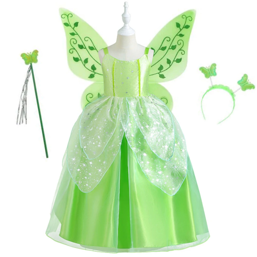 

Korea Girls Dress Princess Halloween Cosplay Girls Party Green Flower Fairy Dress Costume Glitter Butterfly Wings Set Vestidos