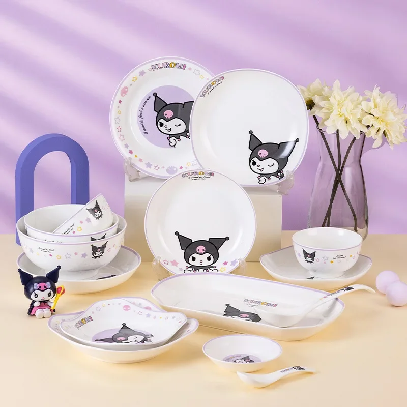 

Kawaii Sanrio Kuromi Ceramic Bowl Plate Spoon Cartoon Creativity Household Combination Noodle Soup Bowl Cute Practical Tableware