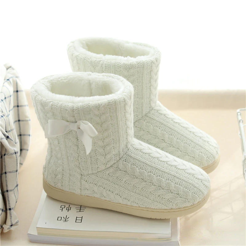 

Winter Women Boots Knitted Warm Plush Ankle Female Snow Boots Flat Heel Indoor Footwear Non-slip Cotton Shoes White Furry Slides