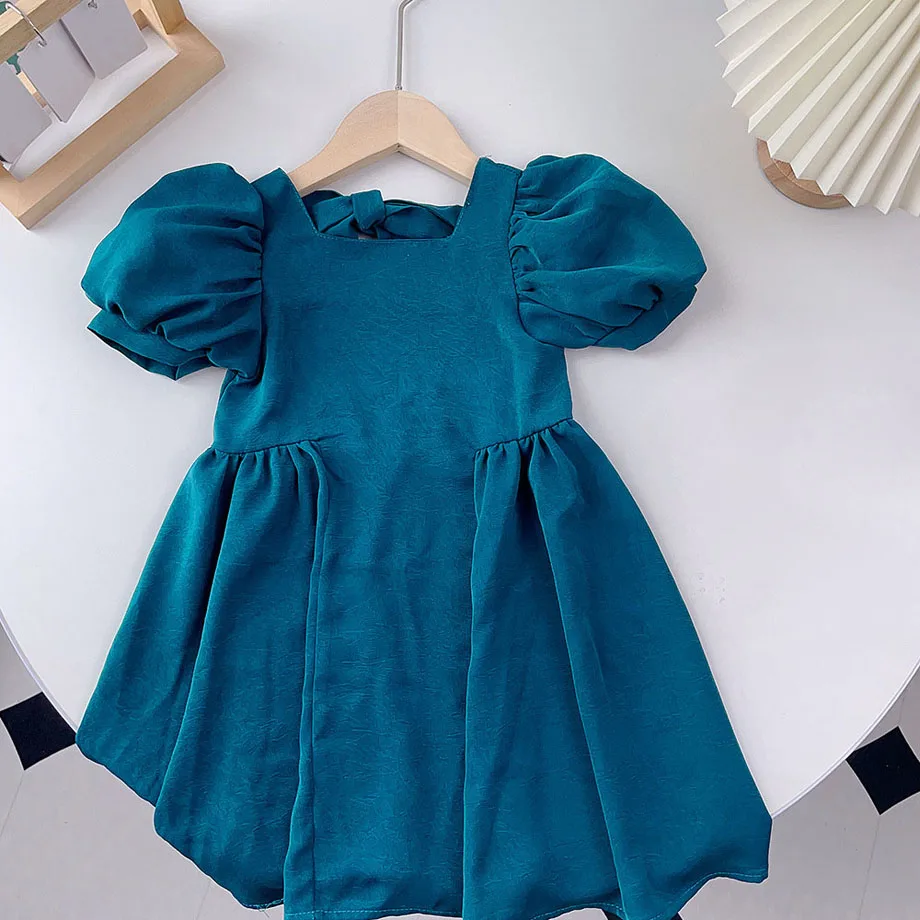 

Blue Dress Summer Girls Dresses 2023 New Puff Sleeve Square Collar Princess Dress For 3 To 7 Years Kids Clothing Vintage Party