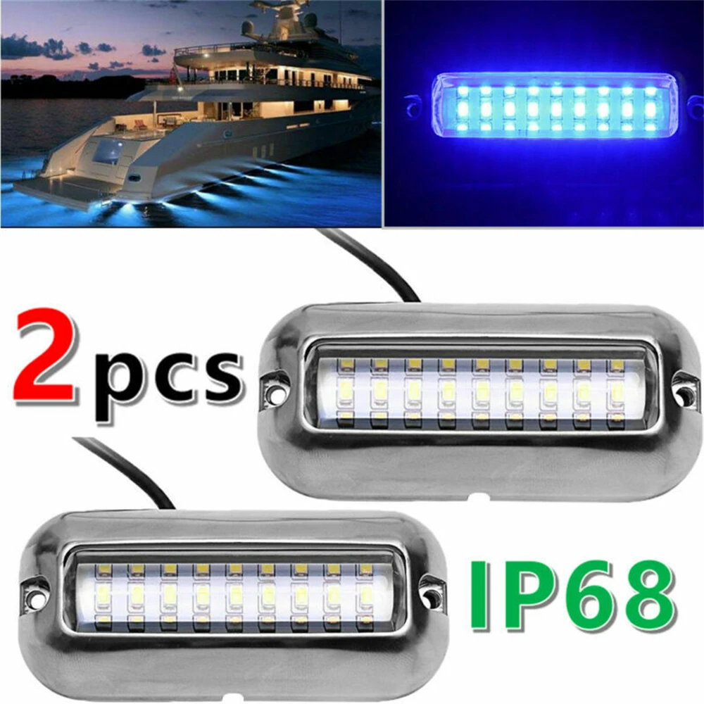 

2PCS 27LED Blue/White/Red Stainless Waterproof Lights Underwater Pontoon For Marine Boat Transom&Blue Light Sailing Lamp 50W