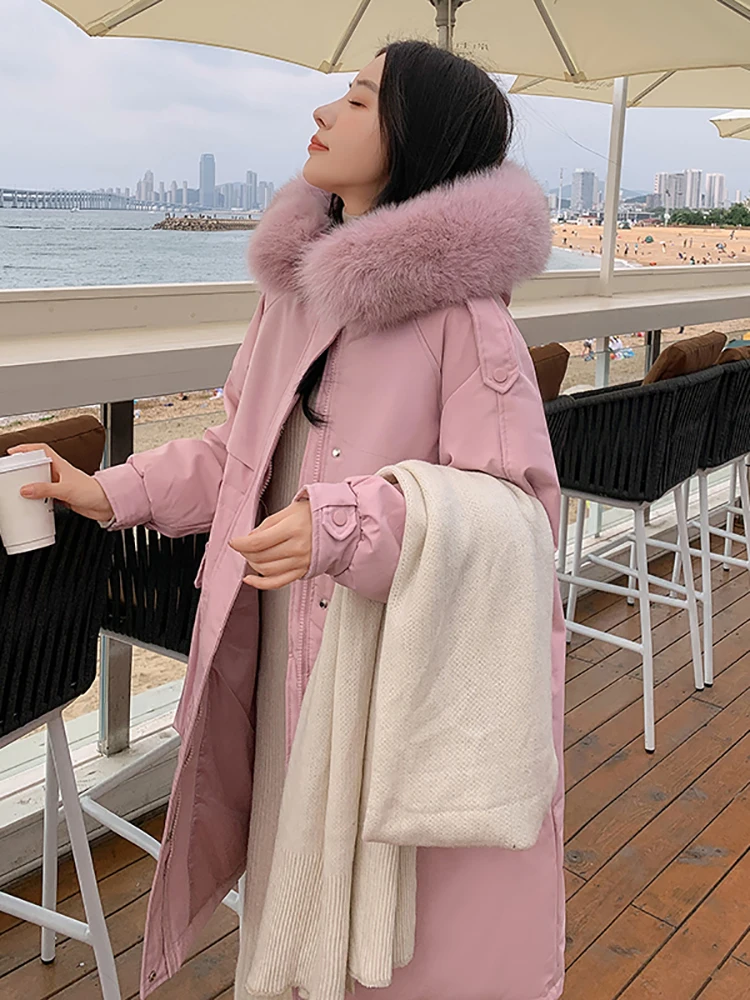 AOSSVIAO Winter Women Long Jacket Large Natural Fur Collar Hooded Parkas 91% White Duck Down Coat Thickness Snow Warm Outwear
