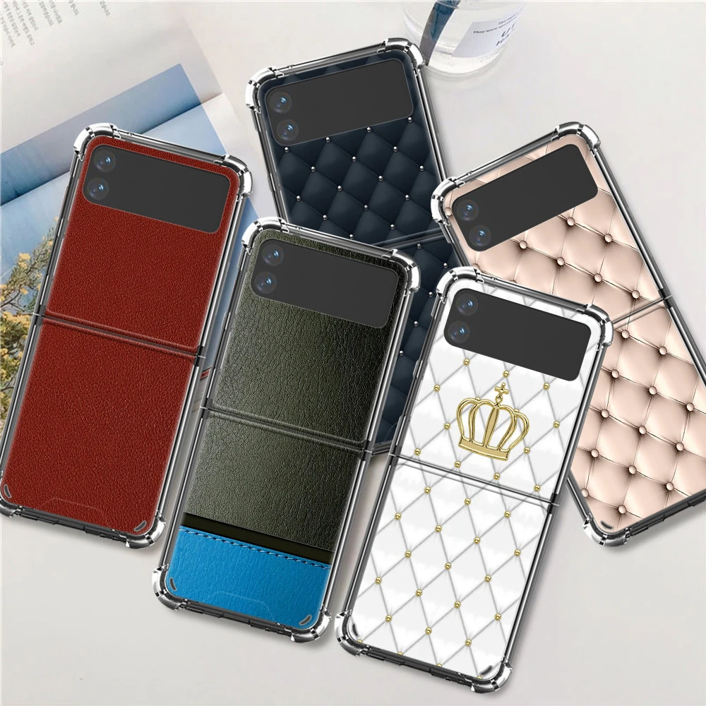 

Leather Pattern Luxury Case For Samsung Galaxy Z Flip 3 5G Funda Z Flip3 Clear PC Hard Shockproof Back Phone Coque Shell