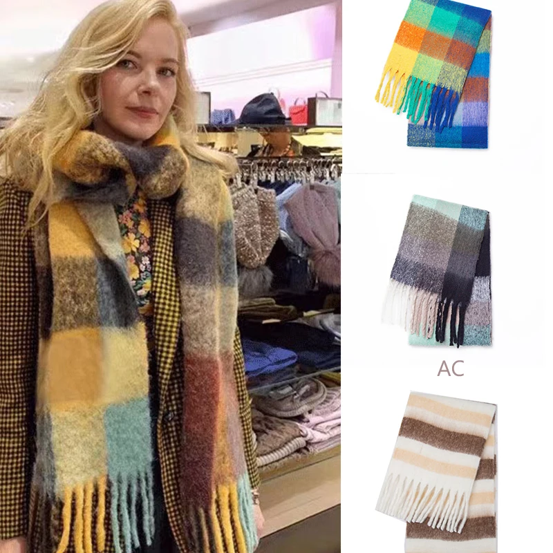 

Новинка 2022, зимняя плотная теплая однотонная накидка для студий, женские теплые шарфы с кисточками, Радужный пушистый женский шарф Bufanda, рос...