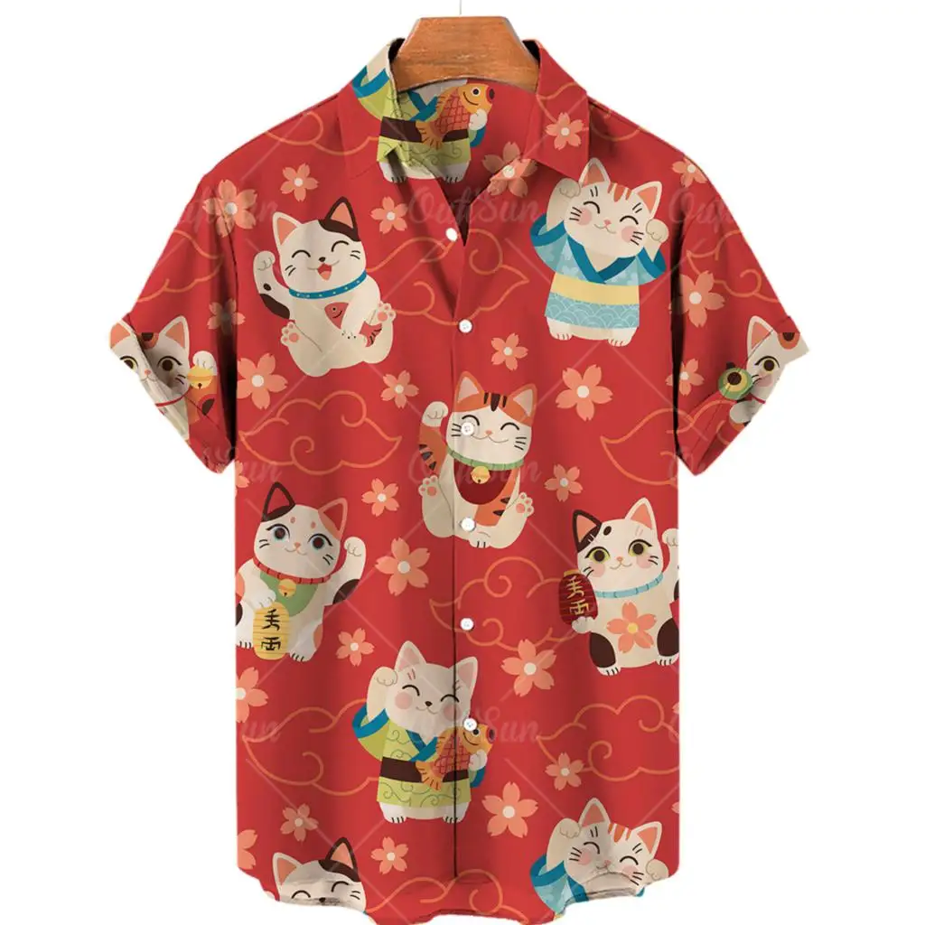 

Hawaiian Short Sleeve Men's Shirt, Casual Shirt with Cute Cat Print, Lapel, V-neck, Beach, Summer, 5xl, 2023