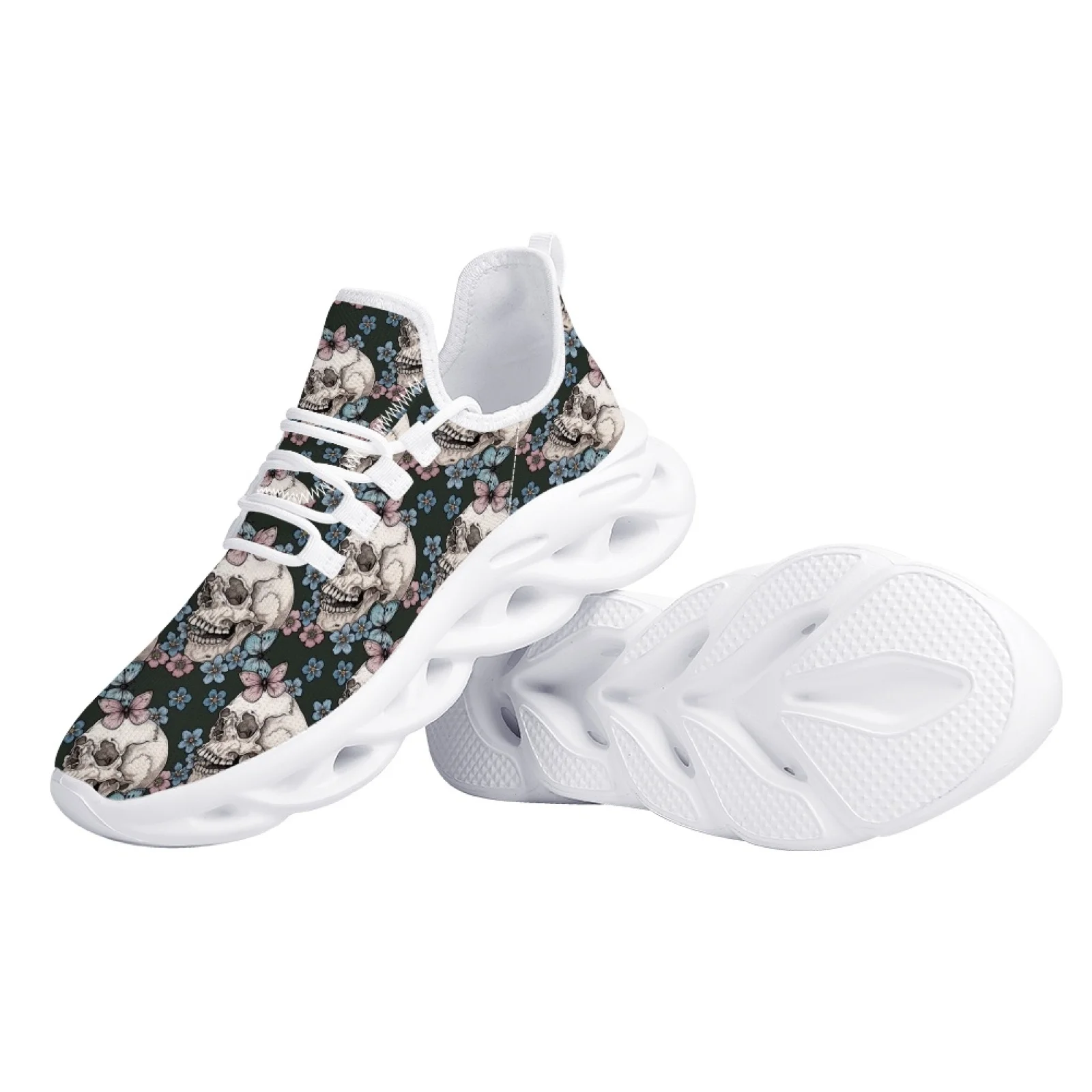 Belidome Sugar Skull Floral Design Shoes Women Athletic Running Mesh Breathable Casual Sneakers Lace Up Walking Footwear Zapatos