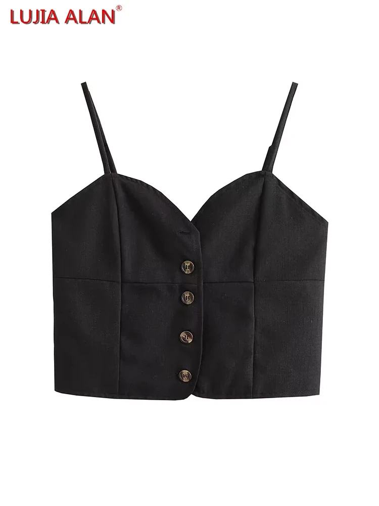 

Новая женская однобортная черная короткая рубашка на бретельках, повседневная женская облегающая блузка, Короткие топы, LUJIA ALAN B1311