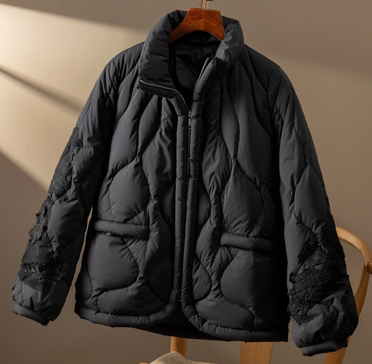 Design Appliques Down Jacket Women 90% White Goose Down Chinese Style Autumn/Winter  Wide-waisted Thin Zipper Coat Women