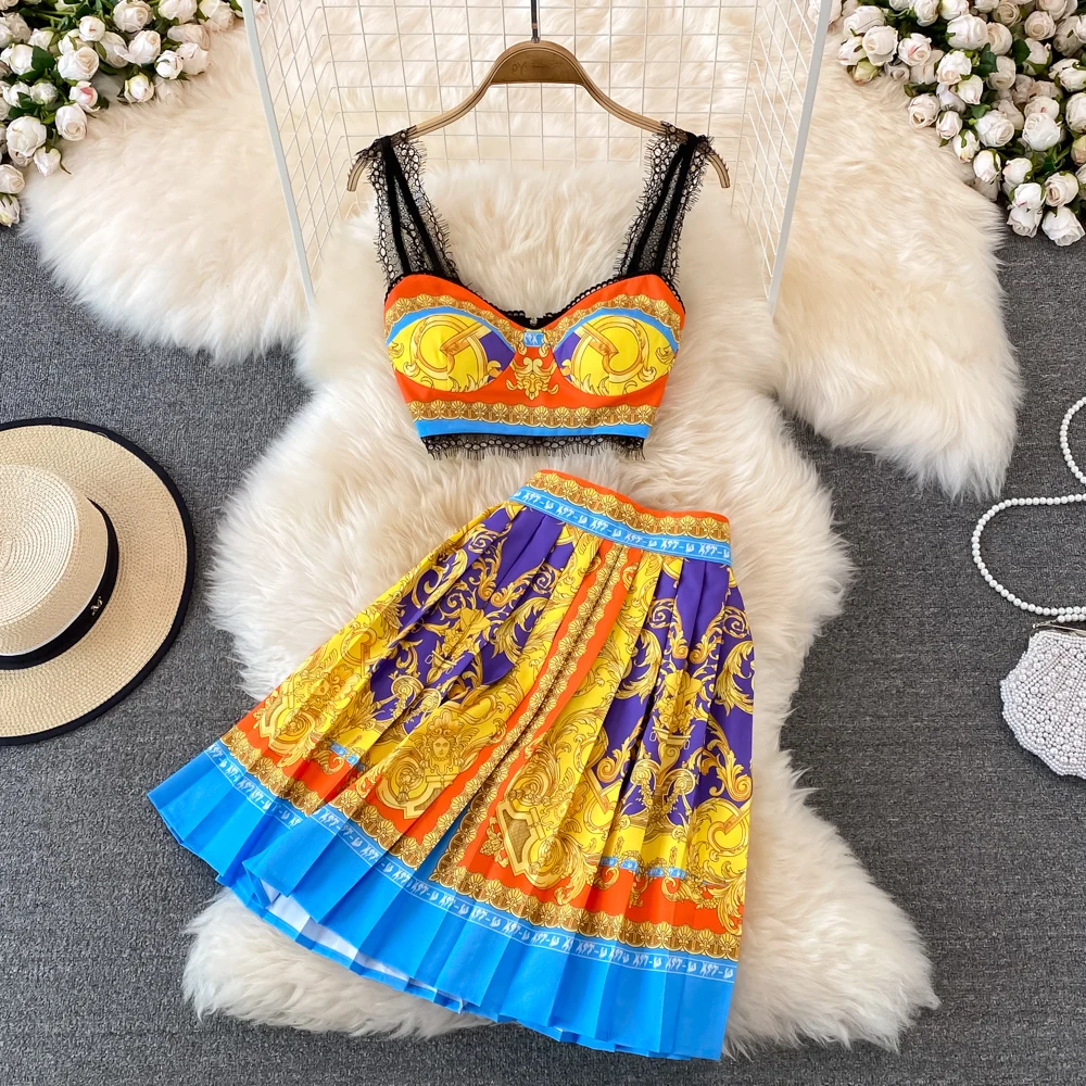 2023 Summer Fashion Two Piece Sets Women's Sleeveless Cup Padded Lace Stitching Crop Top + Retro Print Mini Pleated Skirts Suit