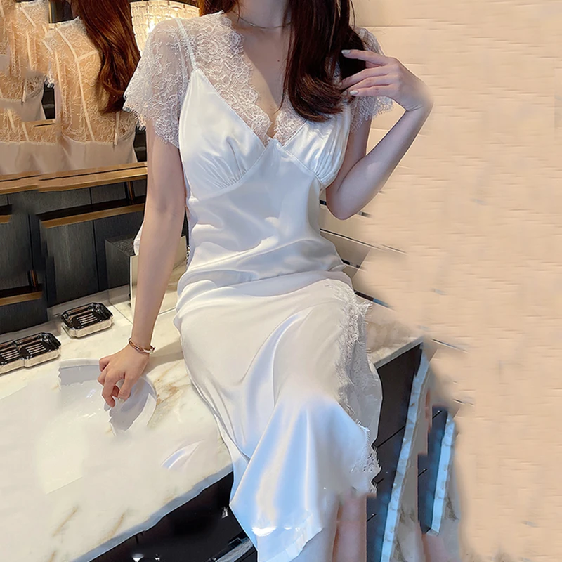 

Dress Summer Nightgown Nightwear Patchwork Sleepwear V-neck Split Home Silk Sexy Nightdress Satin Long Lounge Lace Women Wear