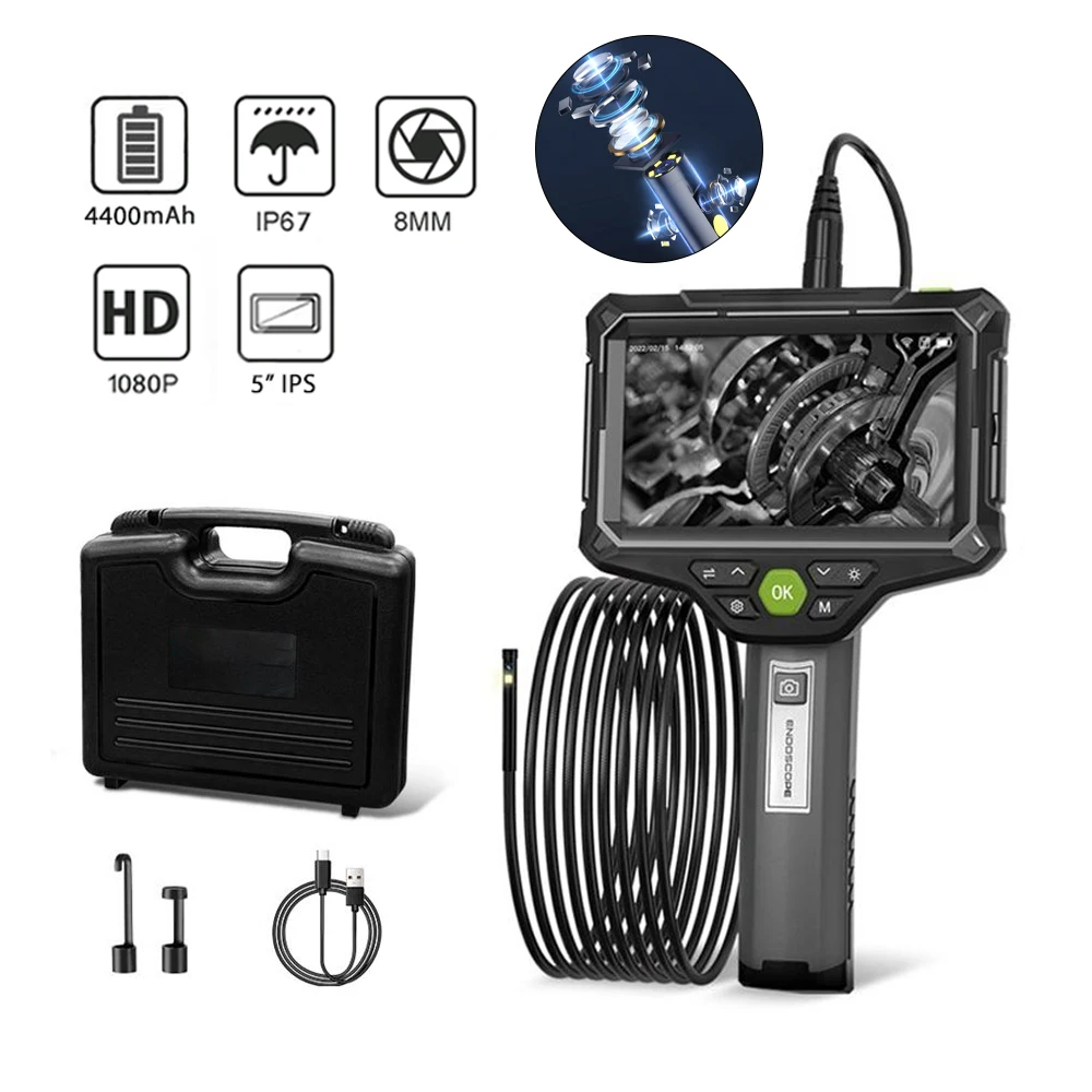 

5 Inch IPS Screen Endoscope Camera Rigid Cable 8mm Triple&Dual Lens1080P Handheld Inspection Borescope For Car Engine