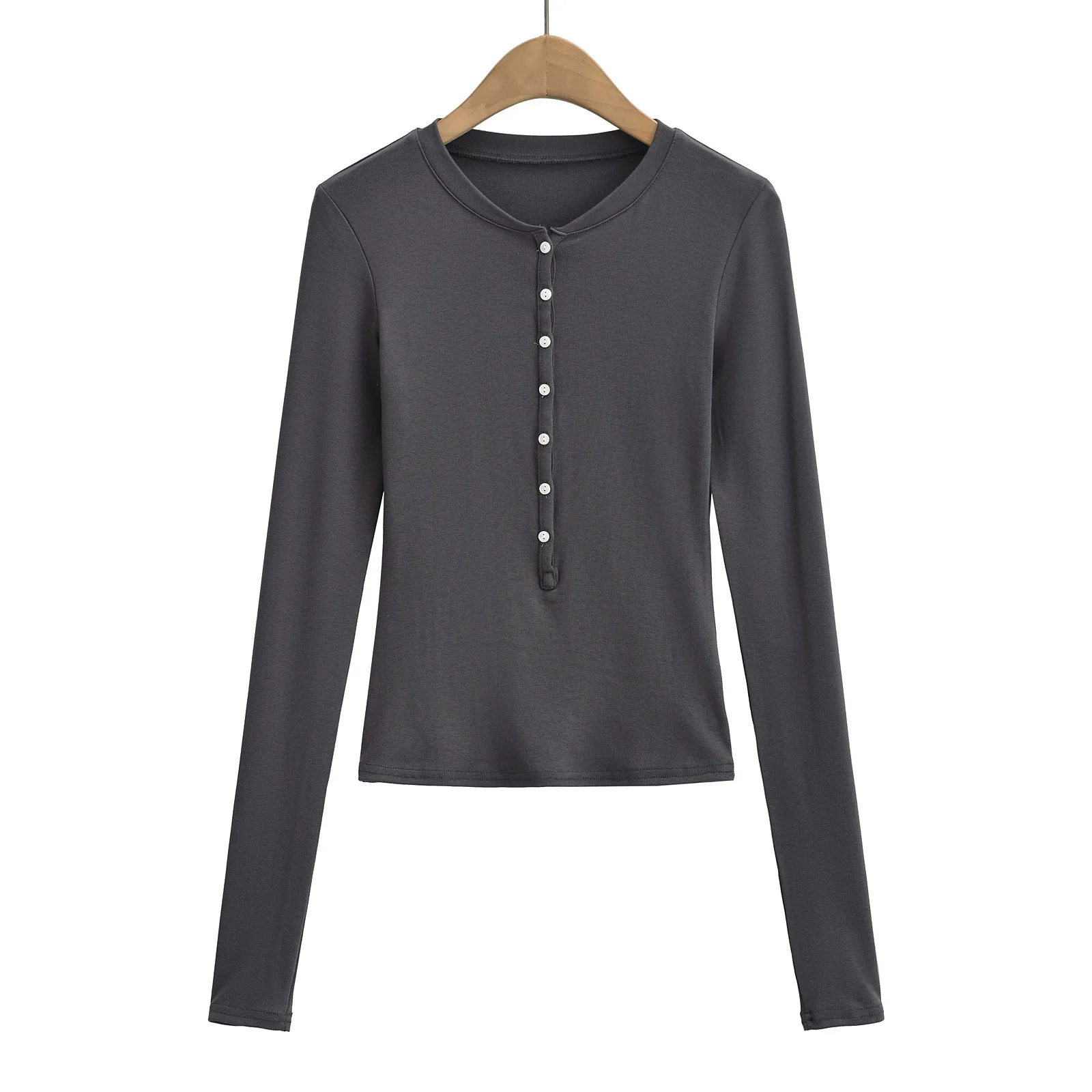 Женский однотонный топ на пуговицах с круглым вырезом и длинным рукавом