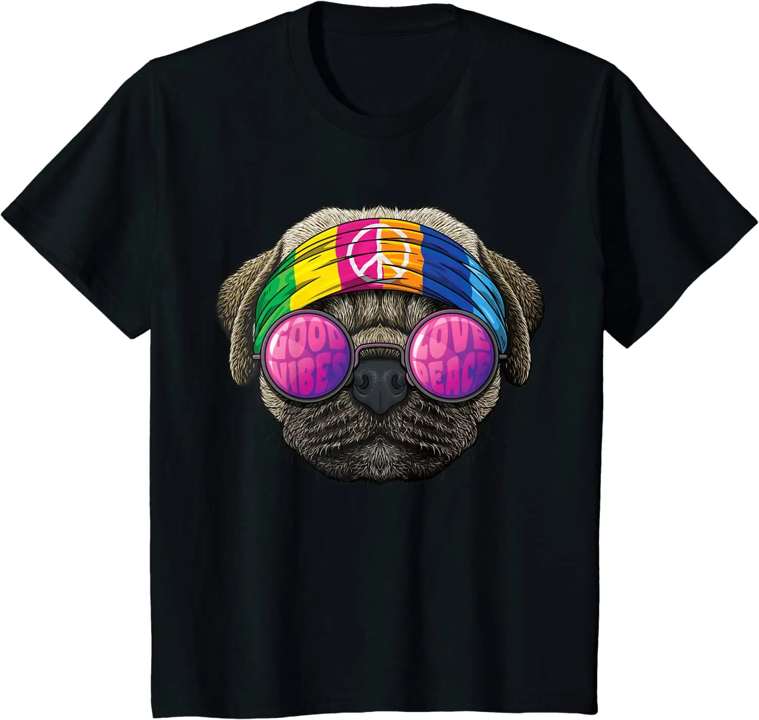 

Hippie Pug Love Peace Sign 70s Hippie Dog T-Shirt Casual Four Seasons Daily Tees Men Clothing Harajuku Mens T Shirts Cotton