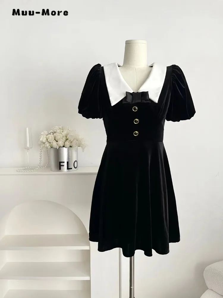 

2023 Summer Sweet Short Sleeve Bow Decoration Turn Down Collar Mini Dresses Women's Elegant A-Line Evening Pleated Dress