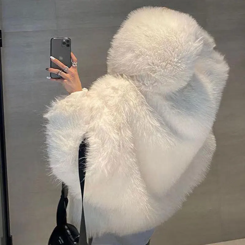Women's Autumn Hooded Mid-length Fur Jackets Tops Teddy Coats Female Winter 2023 Korean New Artificial Warm Thickening Overcoat