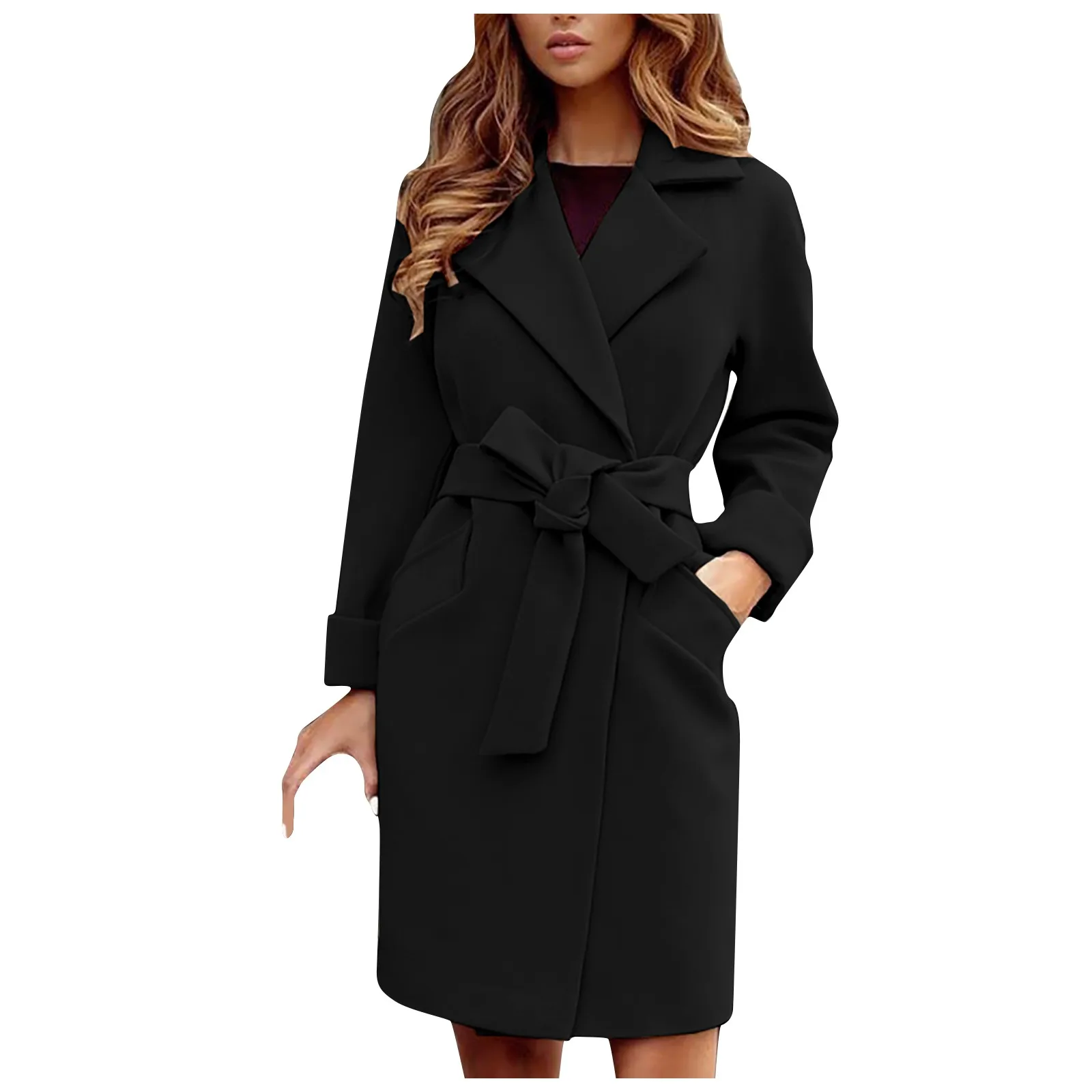 

Женское шерстяное пальто, Модная приталенная куртка с поясом и отложным воротником, шерстяная фланелевая куртка с карманами и скобами, двубортная женская одежда