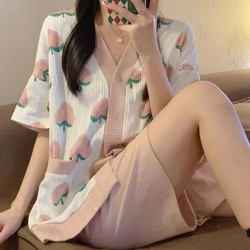 

Peach Print Women Pajamas Shorts Set Pants Japanese V-neck Sleepwear Pijama Loungewear Underwear Pyjamas 2 Piece Night Wear 2023