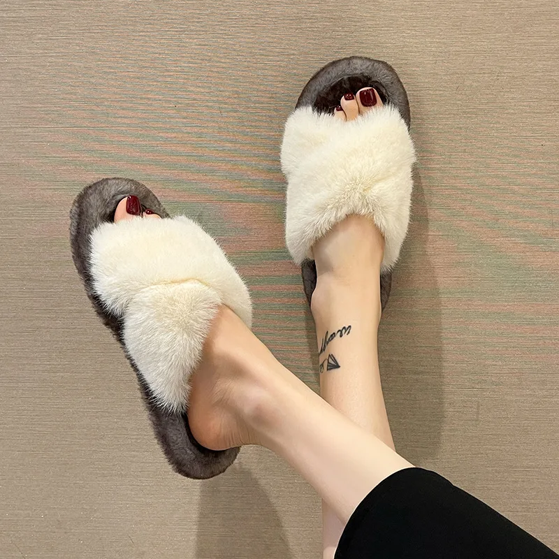 

Winter House Slippers Women Fur Slippers Fashion Cross Band Warm Plush Ladies Fluffy Shoes Cozy Open Toe Indoor Fuzzy Slides