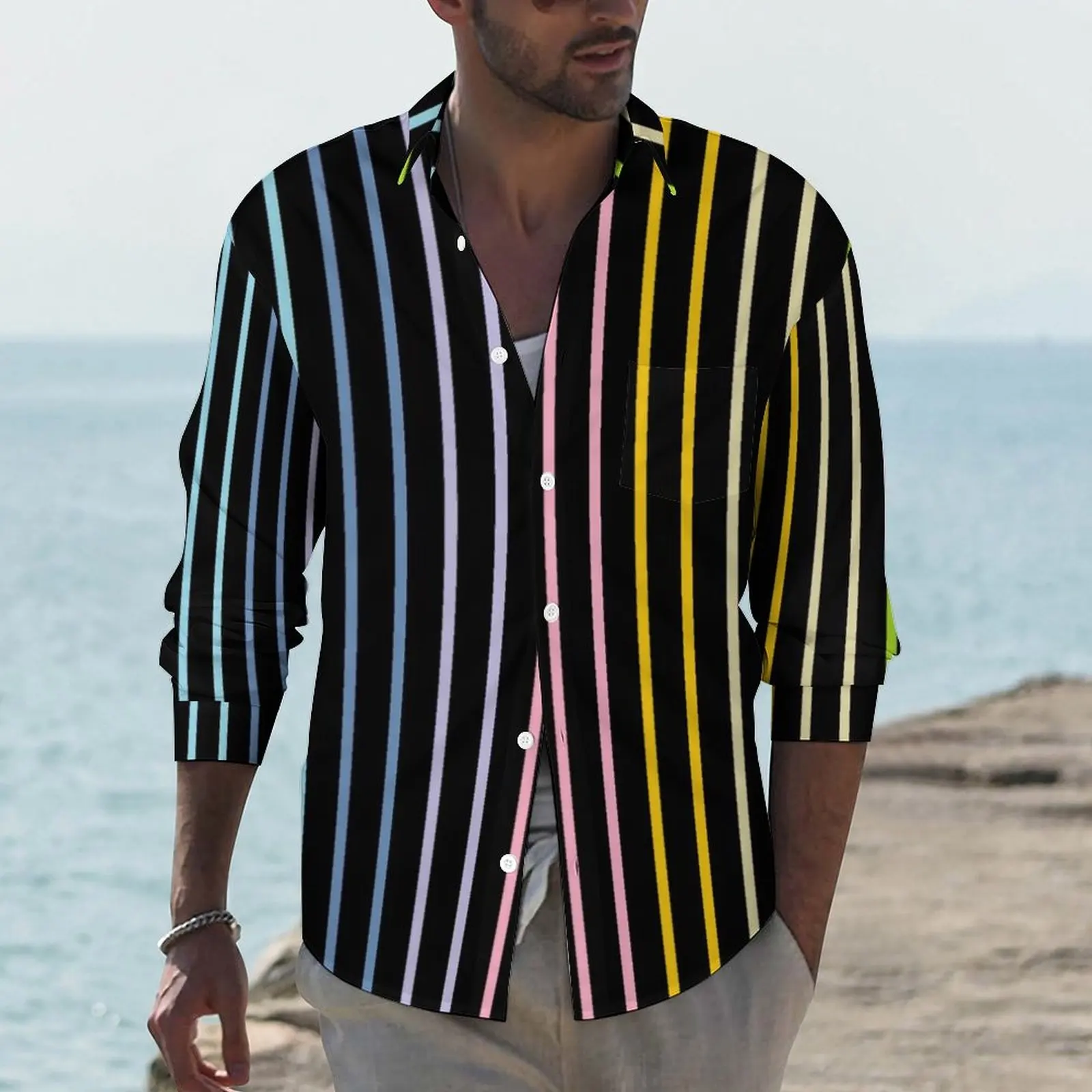 

Rainbow Striped Shirt Spring Vertical Stripes Print Casual Shirts Men Vintage Blouses Long Sleeve Design Street Big Size 3XL 4XL