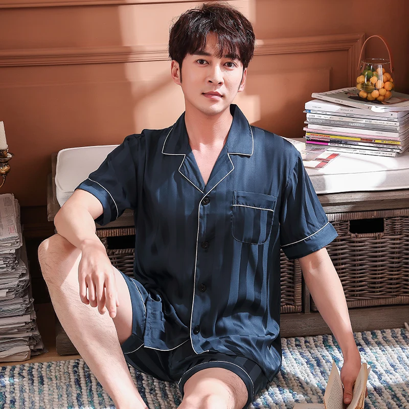 

Домашняя одежда, полосатая короткая Пижама на пуговицах, летний мужской комплект с рукавом появится, одежда для сна, Мужская атласная пижама для дома