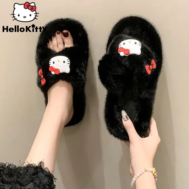 

Сандалии Sanrio женские плюшевые, теплые домашние тапочки на толстой подошве, с мультяшным рисунком Hello Kitty, модные симпатичные Тапочки для девушек, Нескользящие, для зимы
