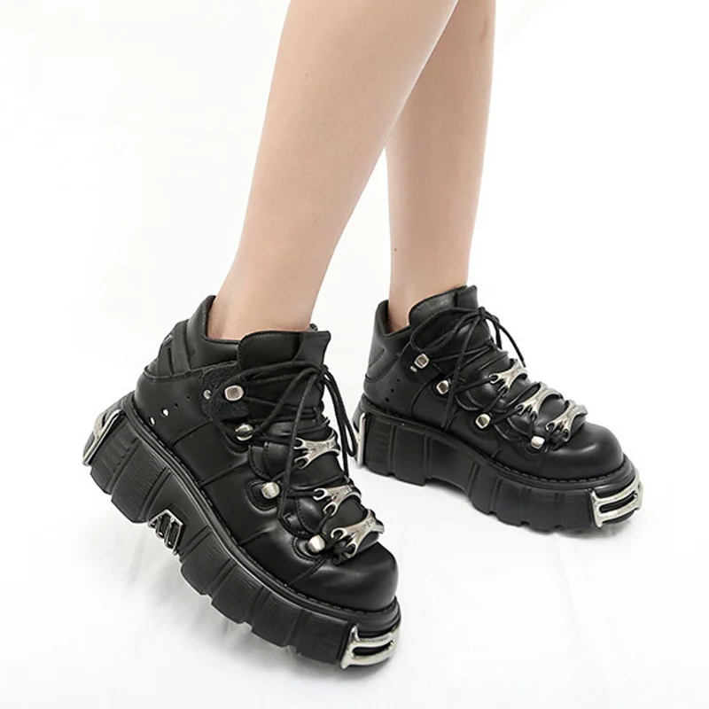 Punk Style Women Shoes Lace-up heel height 6CM Platform Shoes Woman Gothic Ankle Boots Metal Decor Woman Sneakers