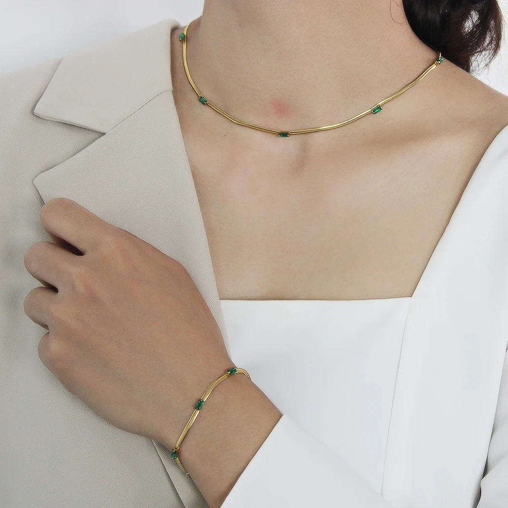 

Stainless Steel Flat Snake Bone Chain Cubic Zircon Necklace 18K Gold Plated Necklace Charm Handmade Jewelry