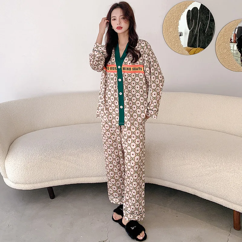 2023 Ice Silk Pajama Sets New Sleepwear Summer Silky Thin Cardigan Geometry And Leopard Print Long-sleeved Trousers 2 Pieces