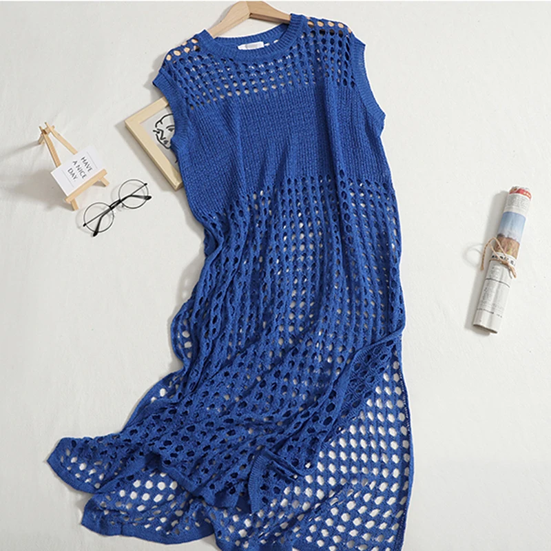 

Korean Hollow Out Knitted Dress Women 2022 Summer Sleeveless Long Tank Dresses Vintage Side Split Vestidos