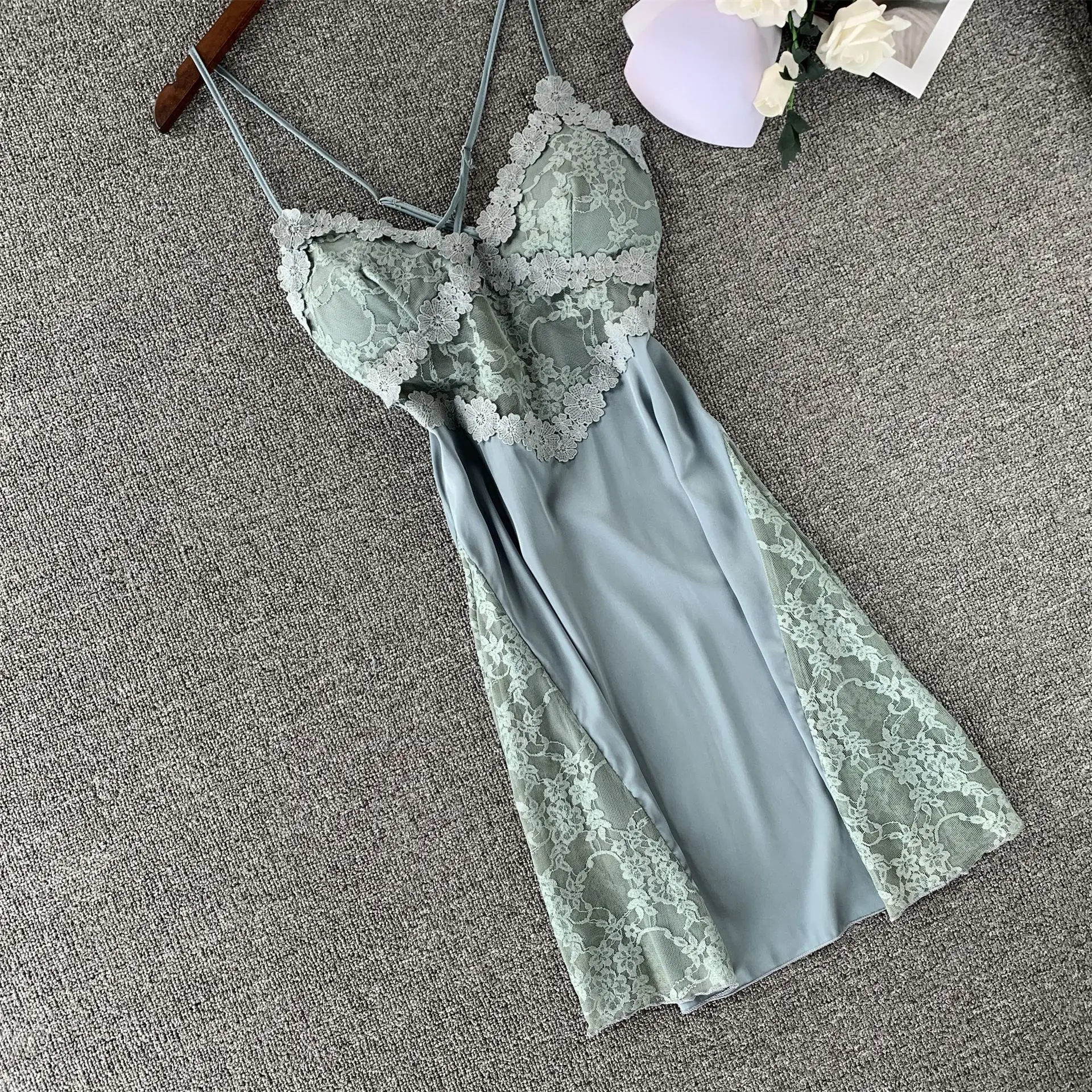Spring and summer sexy pajamas cross beautiful back nightdress silk suspenders temptation lace pajamas mesh through
