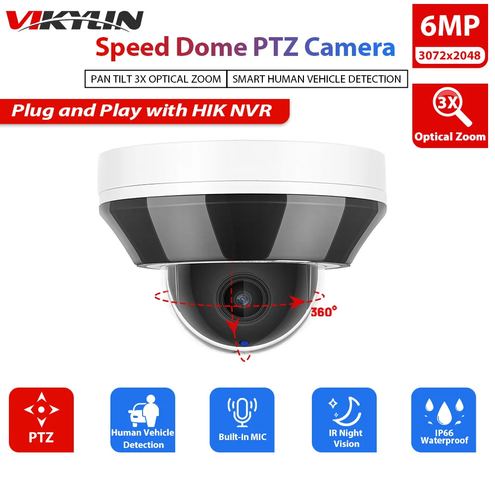 Купольная IP-камера видеонаблюдения Vikylin 6MP PTZ для Hikvision совместимая POE 2,8-8 мм 3X Zoom H.265 IP66 CCTV камера с микрофоном